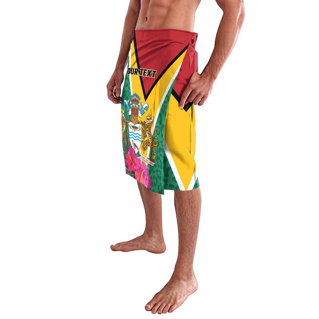 Green tropical-print lavalava skirt with jaguar crest, red waistband, and yellow panels