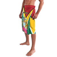 Green tropical-print lavalava skirt with jaguar crest, red waistband, and yellow panels