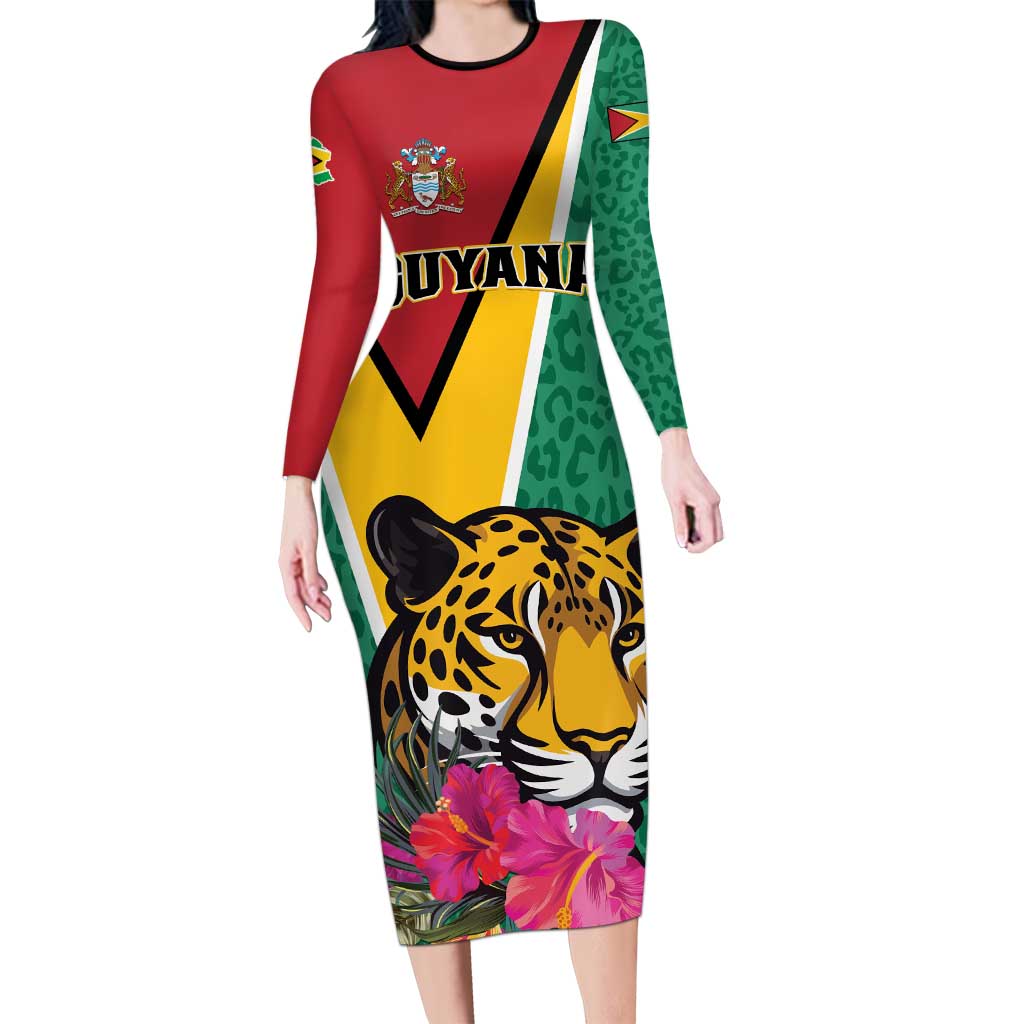 Personalized Guyana Long Sleeve Bodycon Dress Jaguar Tropical Flowers