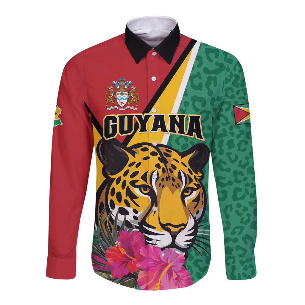 Bicolor long-sleeve button shirt with black collar, Guyana jaguar and tropical flowers
