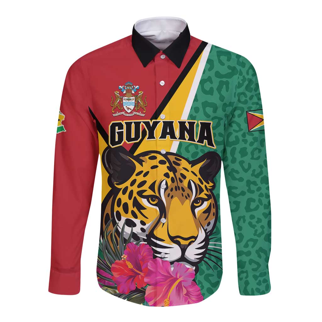 Personalized Guyana Long Sleeve Button Shirt Jaguar Tropical Flowers