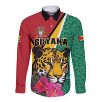 Bicolor long-sleeve button shirt with black collar, Guyana jaguar and tropical flowers