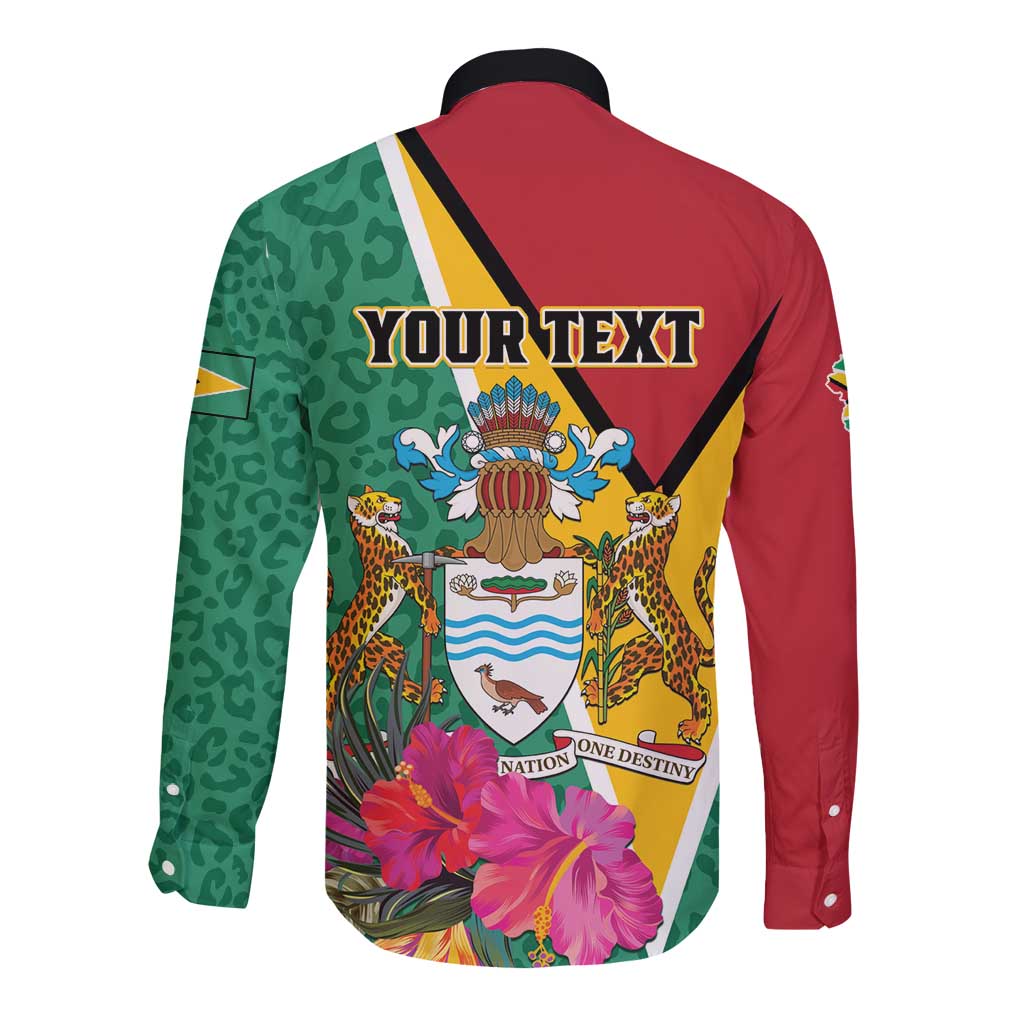 Back view long-sleeve button shirt, Guyana emblem with jaguar and tropical flowers, YOURTEXT