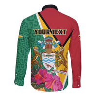 Back view long-sleeve button shirt, Guyana emblem with jaguar and tropical flowers, YOURTEXT