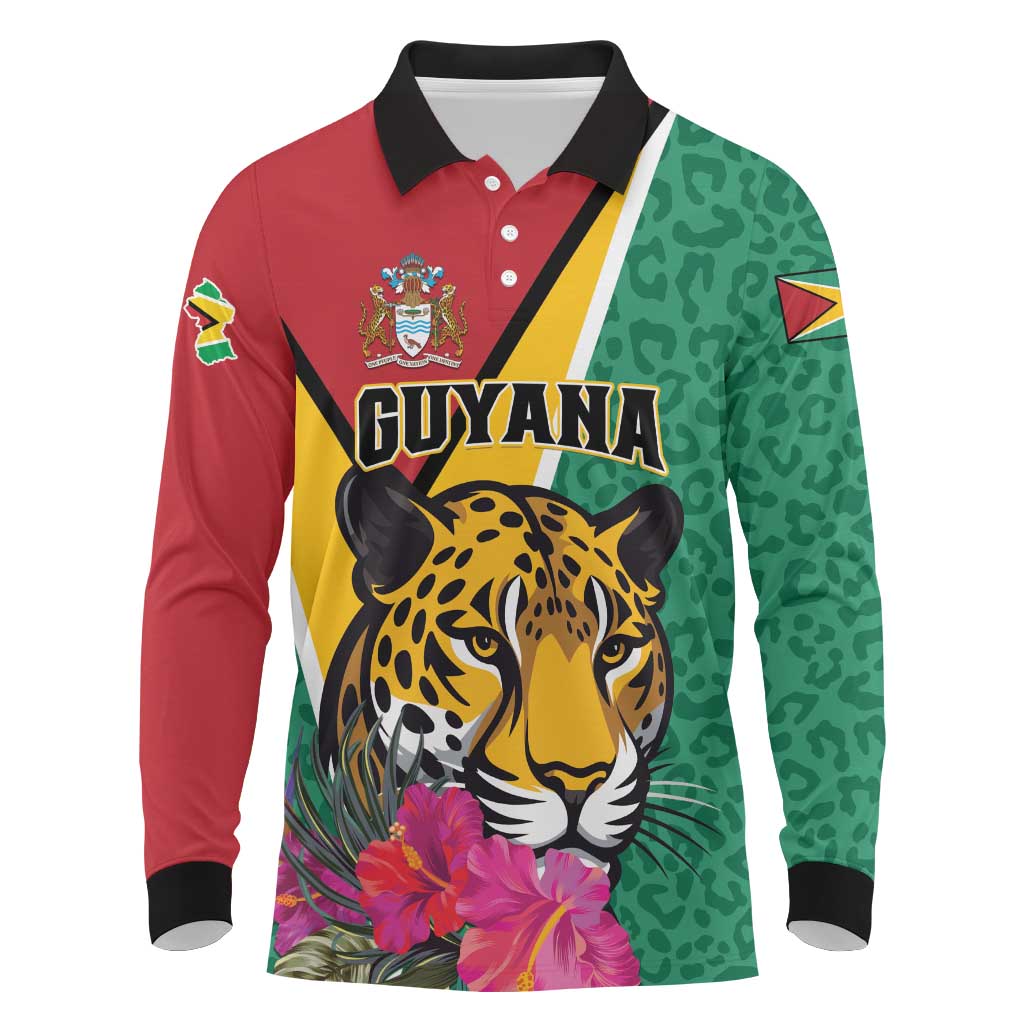 Personalized Guyana Long Sleeve Polo Shirt Jaguar Tropical Flowers