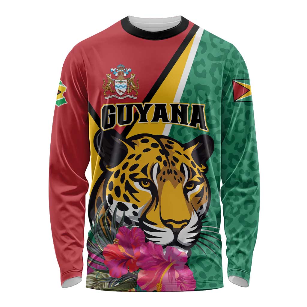 Unisex long-sleeve shirt with green and red jaguar tropical flower graphic