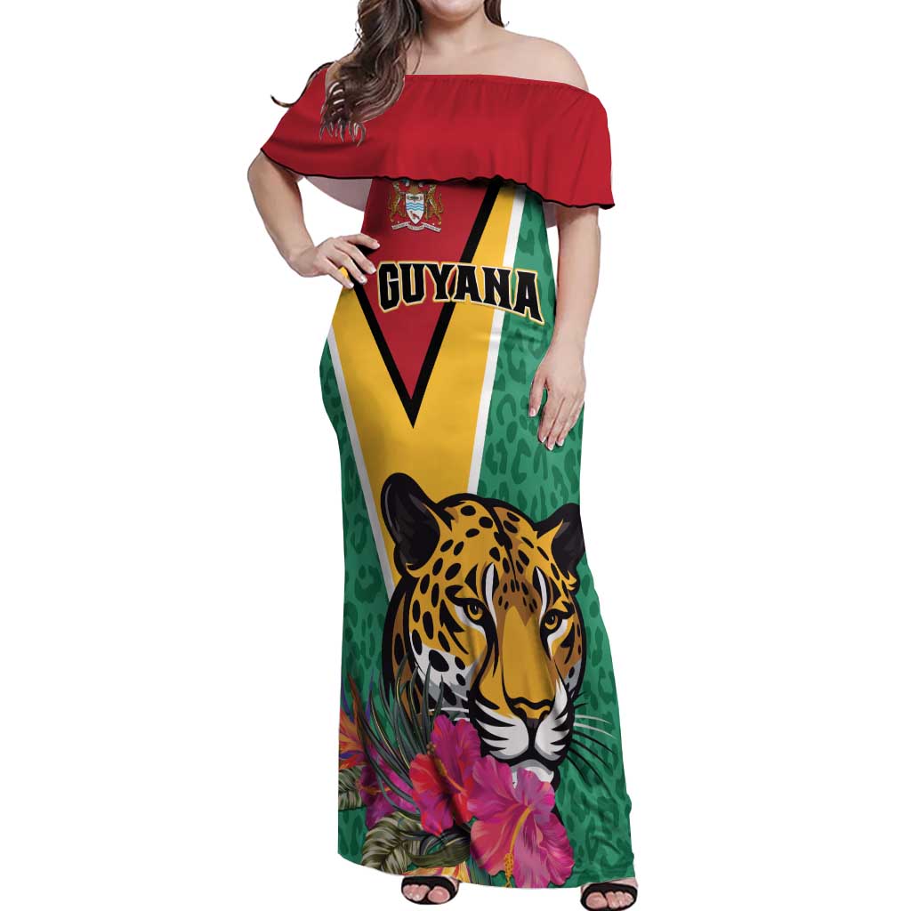 Personalized Guyana Off Shoulder Maxi Dress Jaguar Tropical Flowers