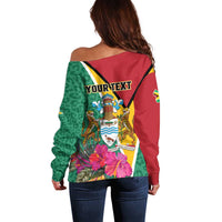 Back view off-shoulder sweater in maroon and green with 'YOUR TEXT' crest and flowers