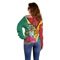 Side view off-shoulder sweater in maroon and green with 'YOUR TEXT' crest and jaguar