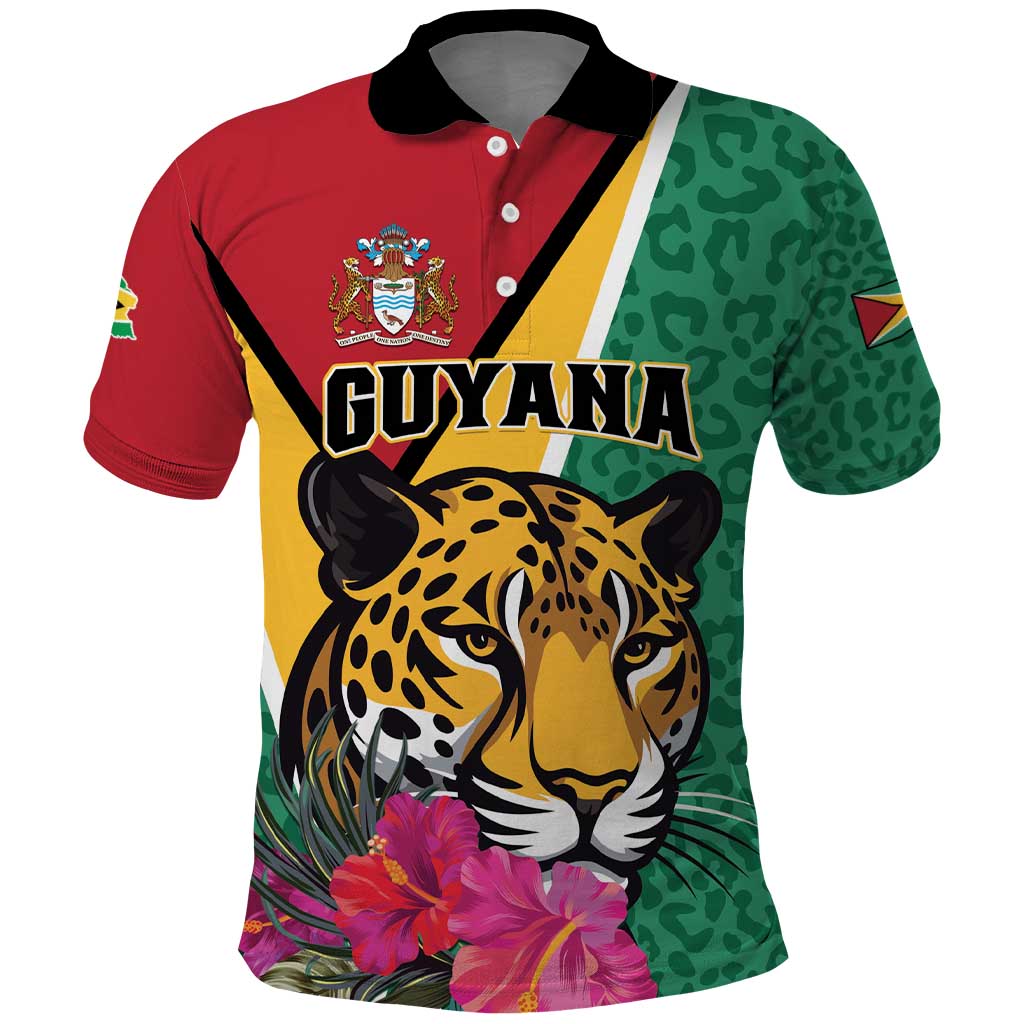 Personalized Guyana Polo Shirt Jaguar Tropical Flowers