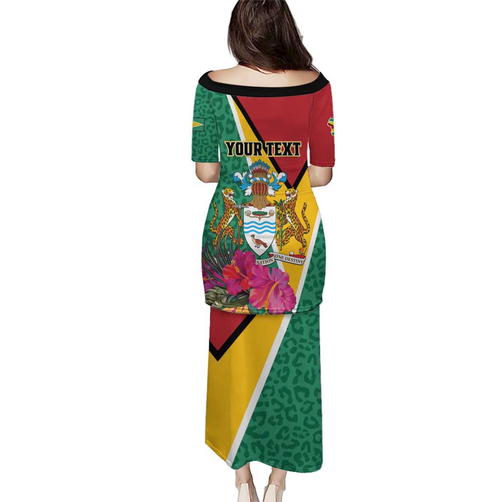 Green long puletasi dress, back view with YOUR TEXT, crest, jaguar and tropical flowers