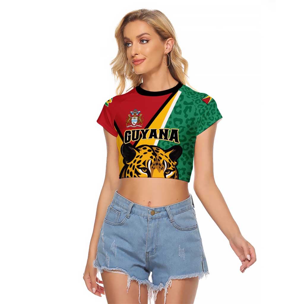 Personalized Guyana Raglan Cropped T Shirt Jaguar Tropical Flowers - Wonder Print Shop