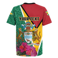 Back view of red and green Guyana rugby jersey with “YOUR TEXT” and tiger crest art.