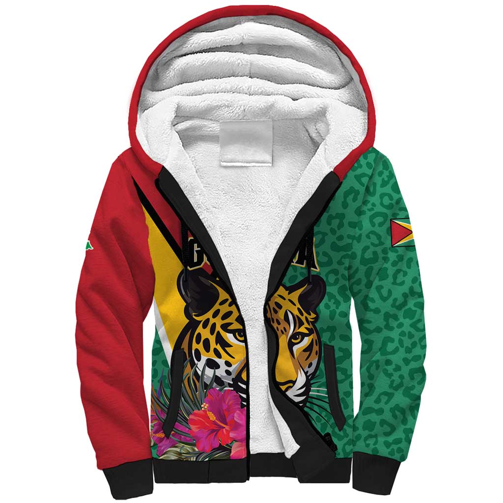 Personalized Guyana Sherpa Hoodie Jaguar Tropical Flowers - Wonder Print Shop