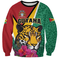 Unisex Guyana sweatshirt with jaguar graphic, tropical flowers, red and green sleeves