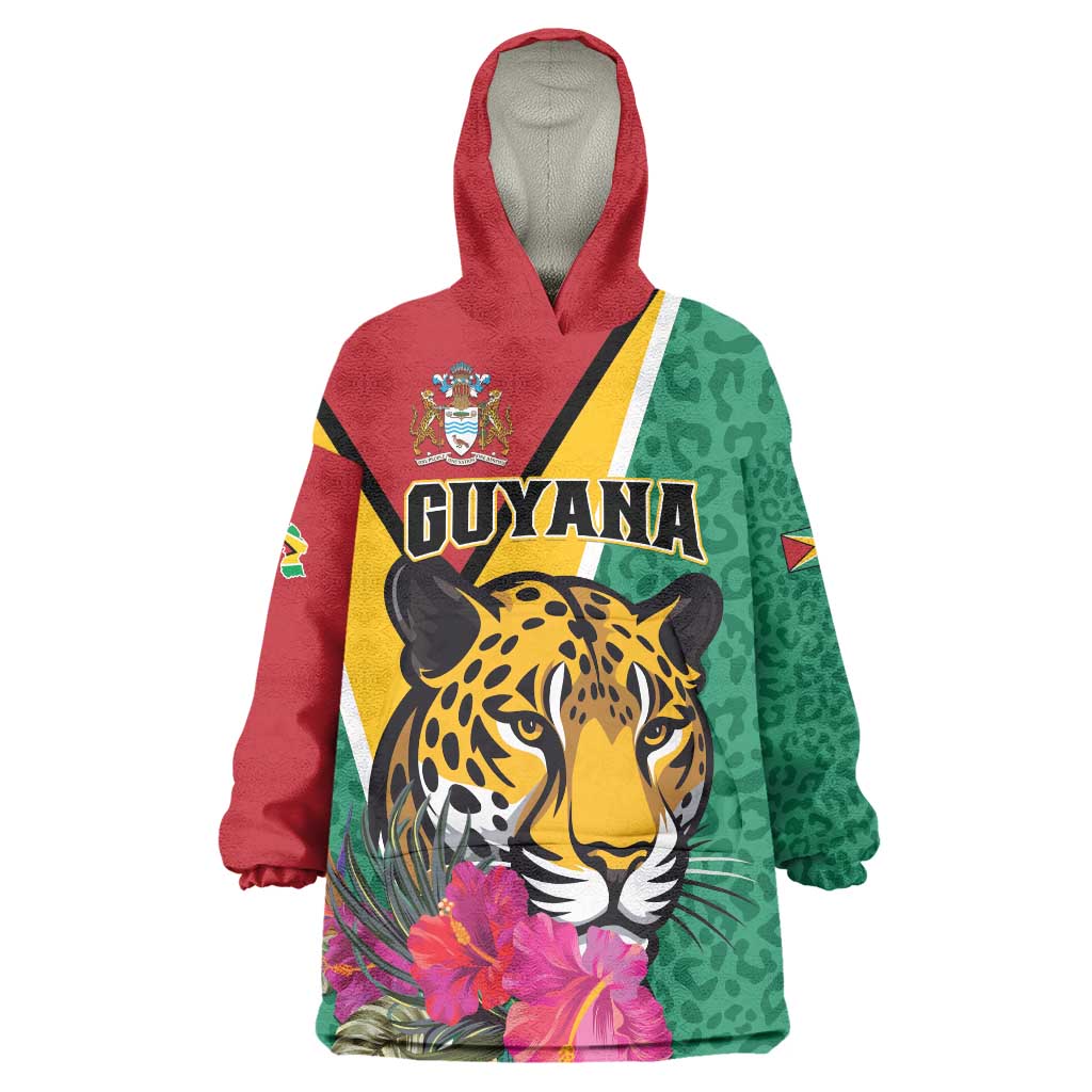 Personalized Guyana Wearable Blanket Hoodie Jaguar Tropical Flowers - Wonder Print Shop