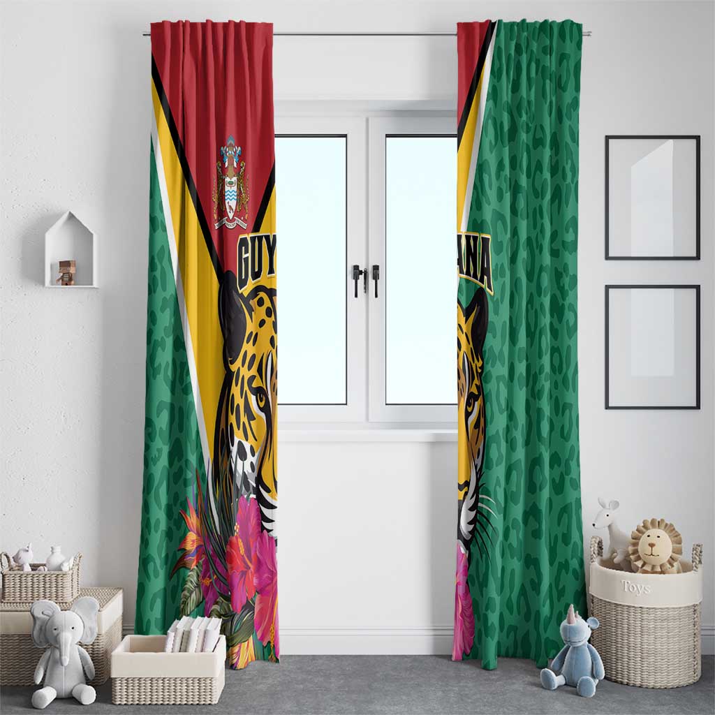Green hanging window curtains with Guyana jaguar, crest, and pink hibiscus flowers