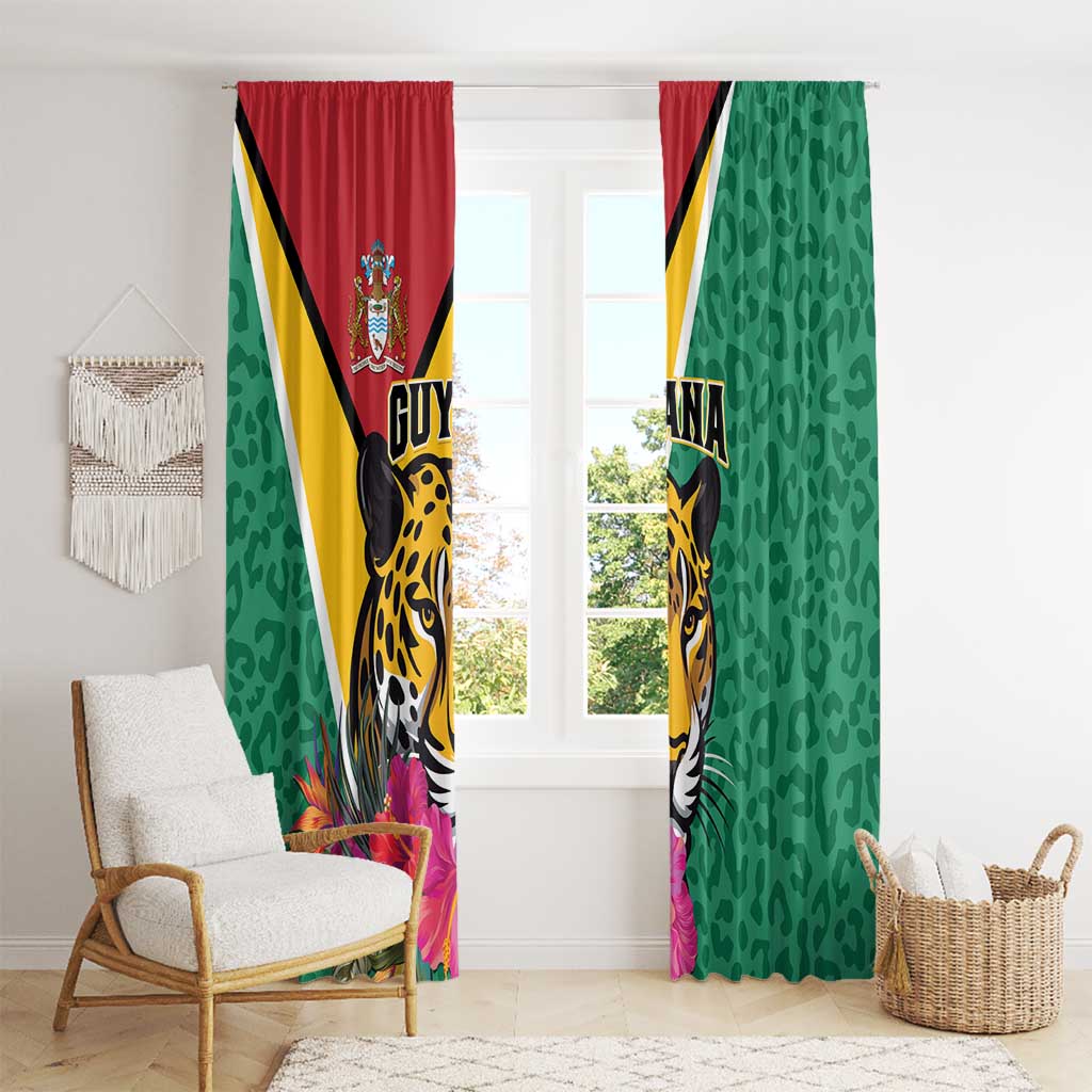 Green tropical window curtain set with Guyana jaguar artwork and subtle leopard-pattern fabric