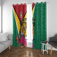 Green window curtain panels with Guyana jaguar print, leopard pattern, and pink flowers