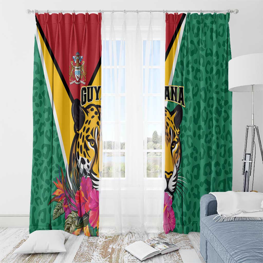 Green window curtain set with Guyana jaguar design and pink tropical flower detail