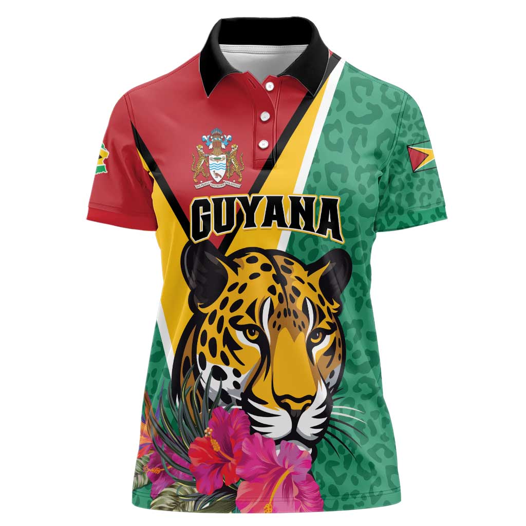 Personalized Guyana Women Polo Shirt Jaguar Tropical Flowers - Wonder Print Shop