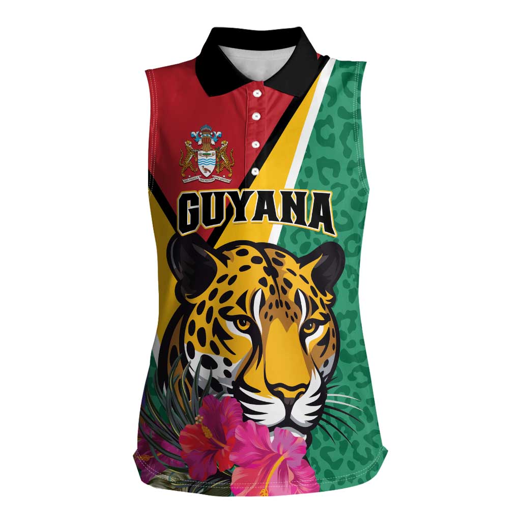 Personalized Guyana Women Sleeveless Polo Shirt Jaguar Tropical Flowers - Wonder Print Shop