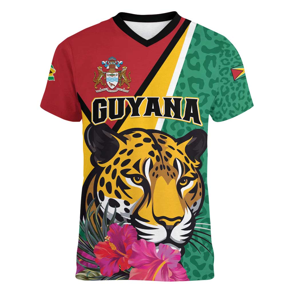 Personalized Guyana Women V-Neck T-Shirt Jaguar Tropical Flowers - Wonder Print Shop