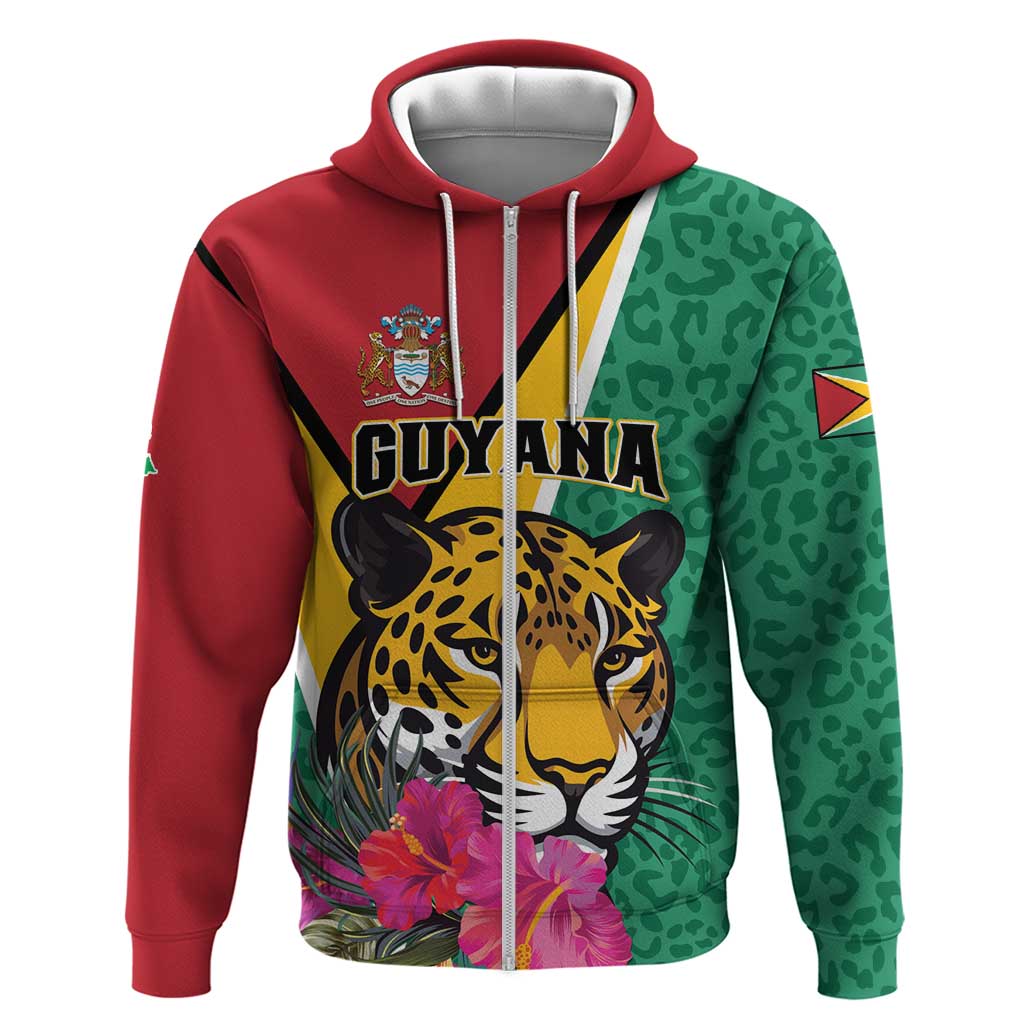 Personalized Guyana Zip Hoodie Jaguar Tropical Flowers - Wonder Print Shop