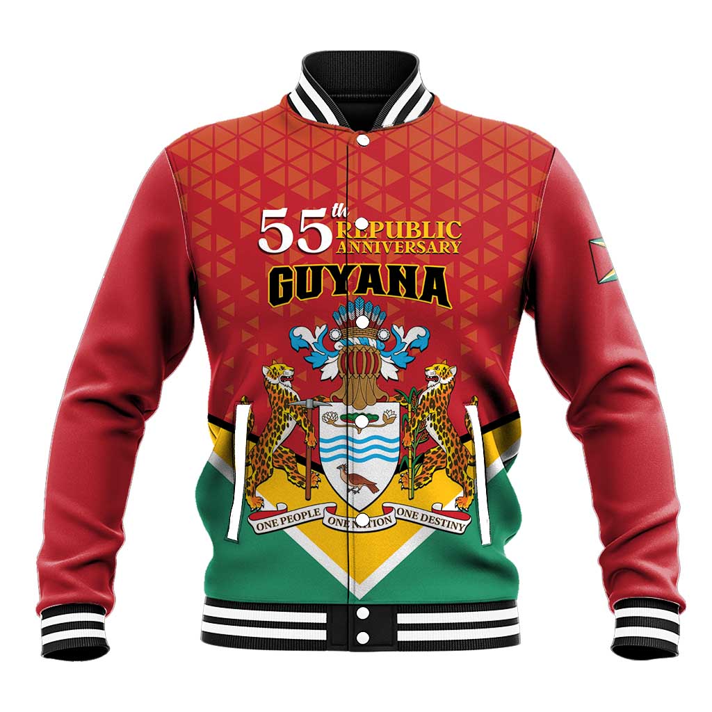Red baseball varsity jacket with Guyana 55th anniversary graphic and striped rib collar