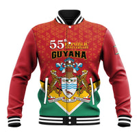 Red baseball varsity jacket with Guyana 55th anniversary graphic and striped rib collar
