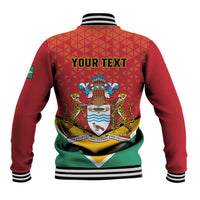 Red baseball jacket with back print, crest graphic, and green hem with striped ribs