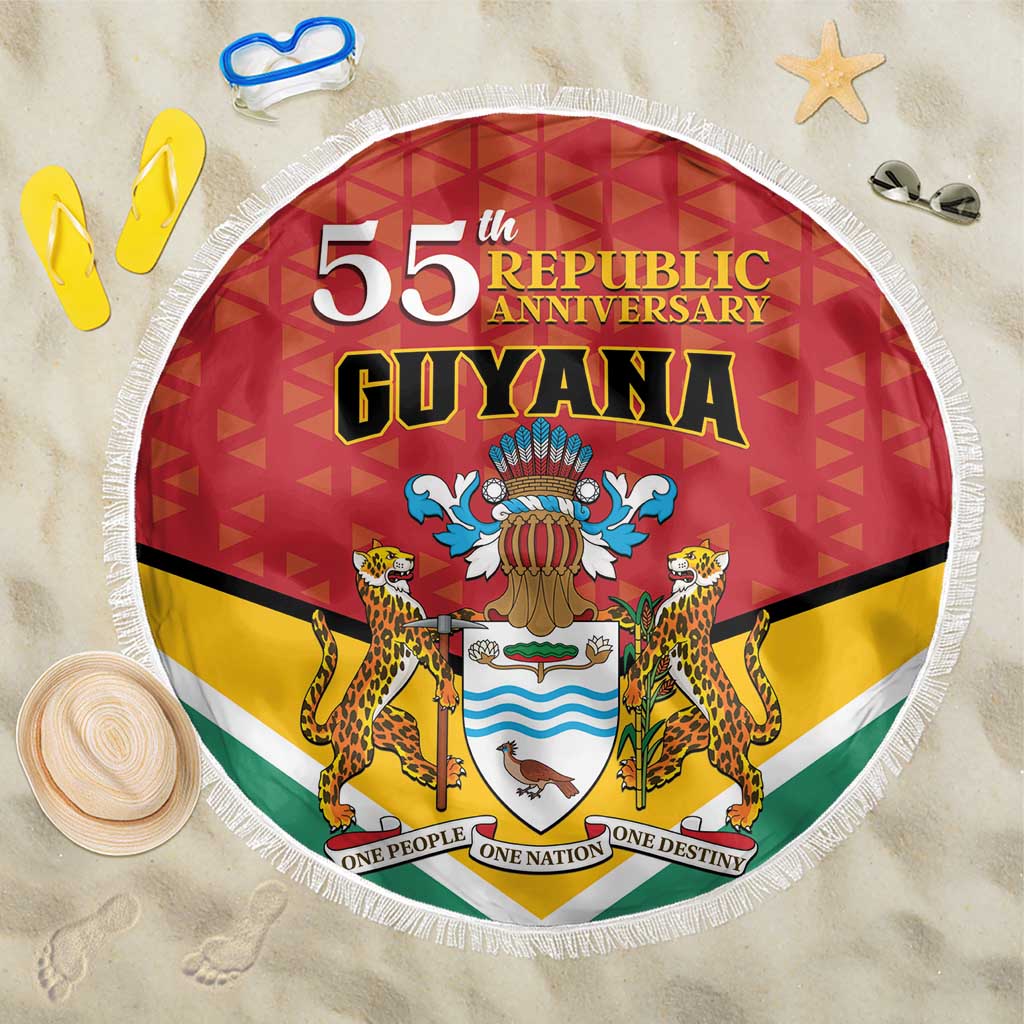 Round beach blanket with Guyana “55th Republic Anniversary” flag design and white fringe edge