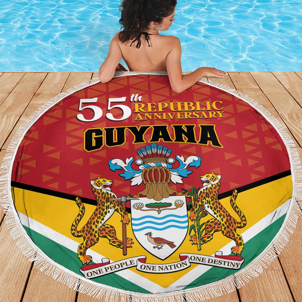 Round Guyana beach blanket showing “55th Republic Anniversary” crest, red yellow green colors