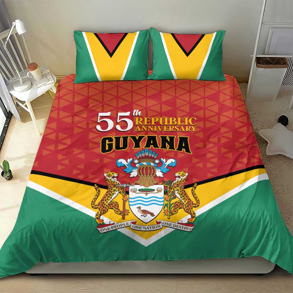 Flag-style bedding set on bed: red duvet center with crest, green outer panels, two pillows
