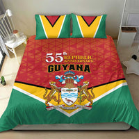 Flag-style bedding set on bed: red duvet center with crest, green outer panels, two pillows