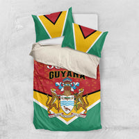 Flag-style bedding set, top view: red duvet with crest, green sides, yellow triangle accents