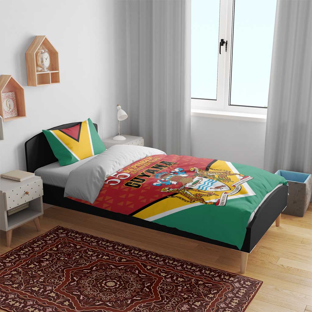 Flag-style bedding set on bed: red and green crest duvet with two matching pillowcases