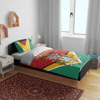 Flag-style bedding set on bed: red and green crest duvet with two matching pillowcases