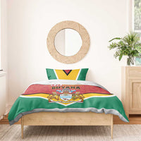 Flag-style bedding set on single bed: red crest duvet with green and yellow accents