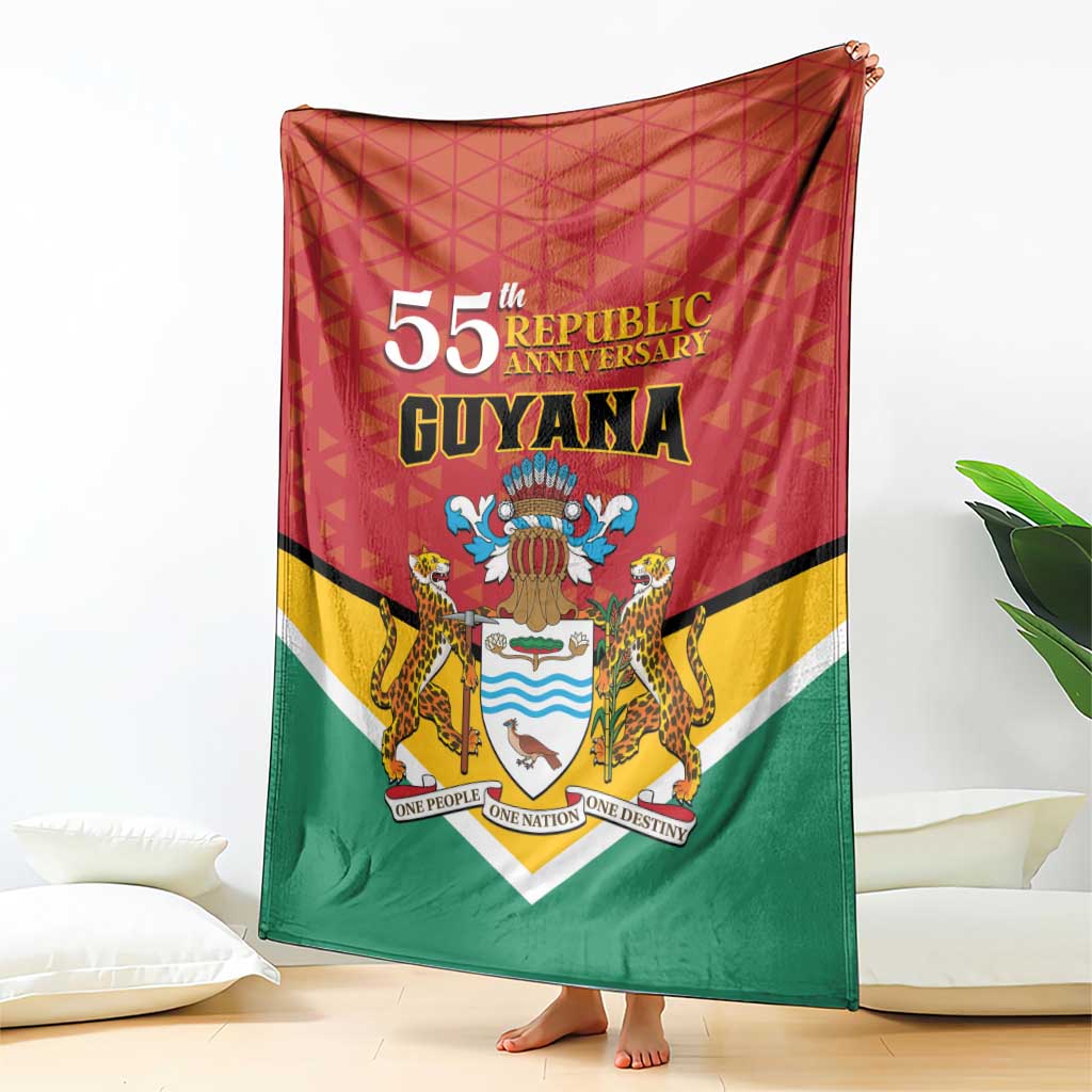 Guyana anniversary blanket with 55th text, crest shield emblem, and red-yellow-green flag