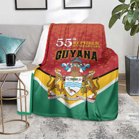 Guyana republic anniversary blanket with 55th Guyana text, coat of arms, and tri-color design