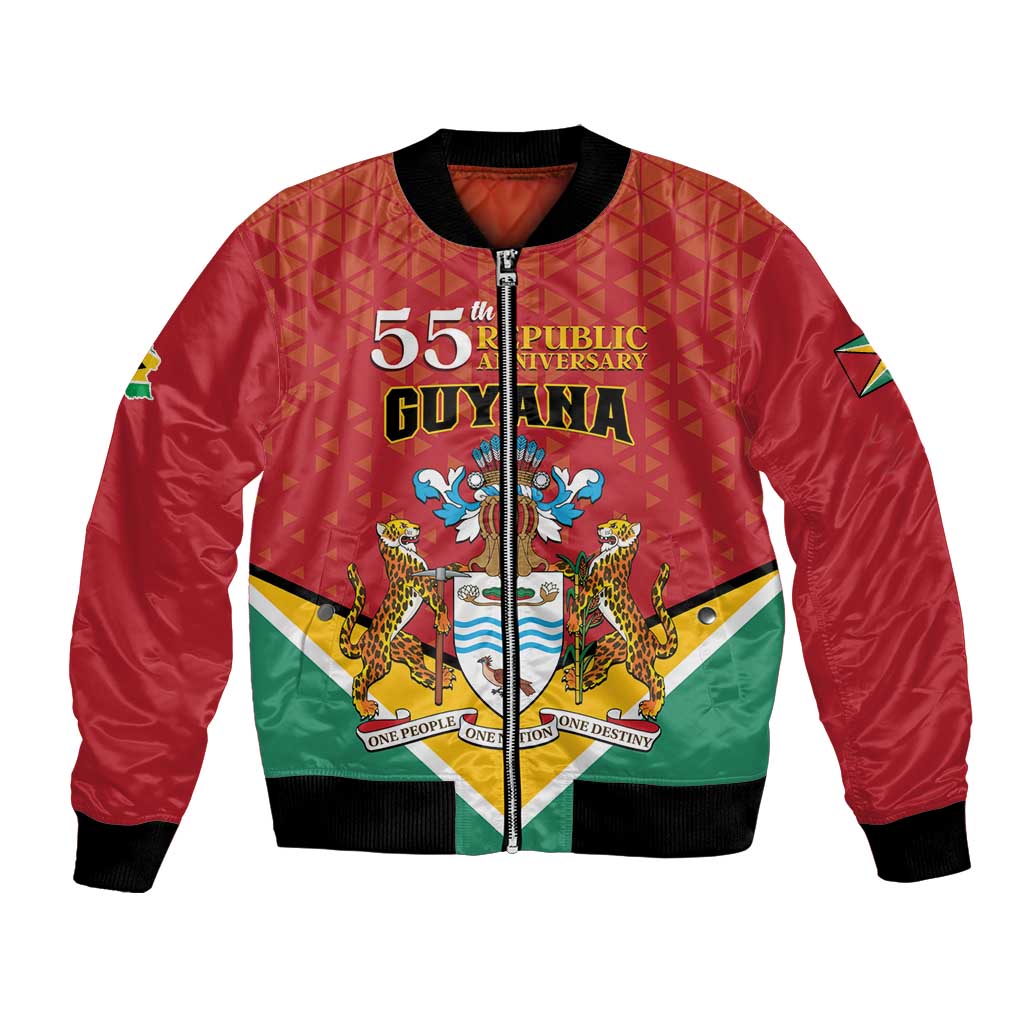 Red unisex bomber jacket with Guyana 55th anniversary front crest and zip closure