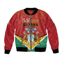 Red unisex bomber jacket with Guyana 55th anniversary front crest and zip closure