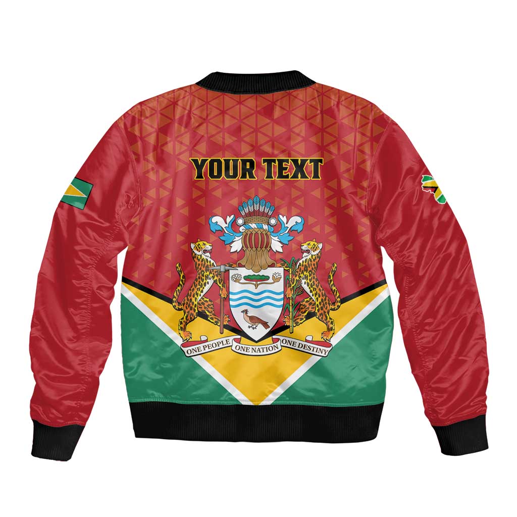 Red unisex bomber jacket back graphic with 'YOUR TEXT' and Guyana crest