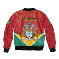 Red unisex bomber jacket back graphic with 'YOUR TEXT' and Guyana crest