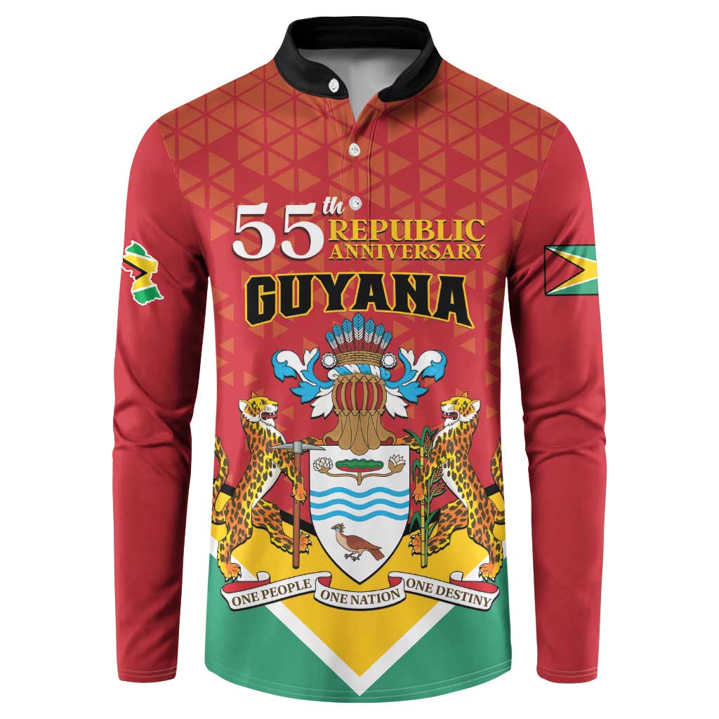 Red button sweatshirt with Guyana 55th Republic Anniversary front graphic and crest