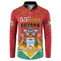 Red button sweatshirt with Guyana 55th Republic Anniversary front graphic and crest