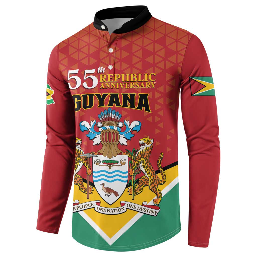 Red button sweatshirt with Guyana 55th Republic Anniversary front graphic, angled view