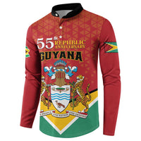 Red button sweatshirt with Guyana 55th Republic Anniversary front graphic, angled view