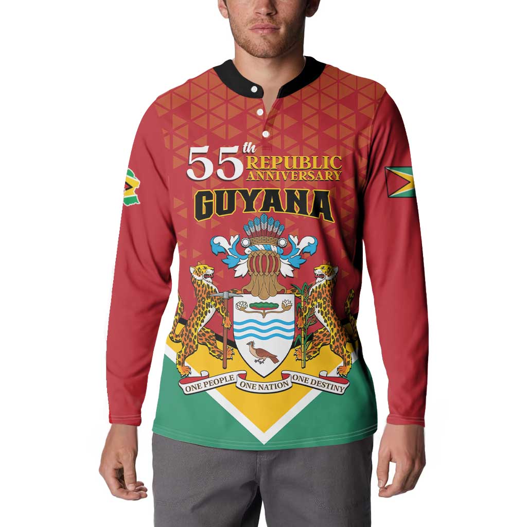 Red button sweatshirt worn by man, Guyana 55th Republic Anniversary front graphic